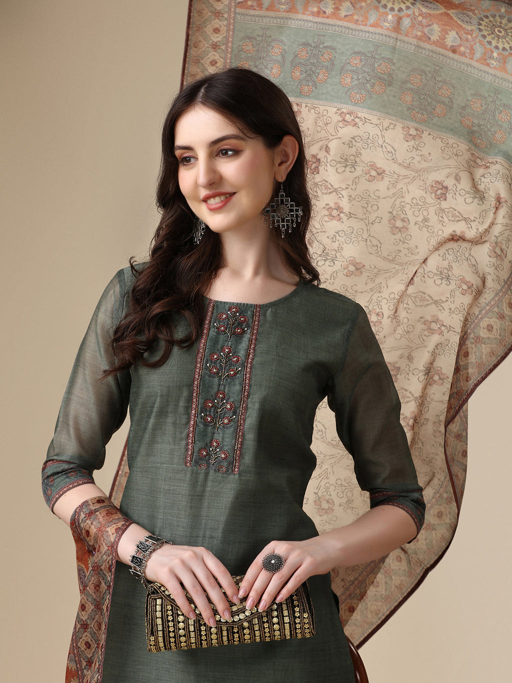 Printed & Hand Embroidered Kurta With Pant And Printed Dupatta Set, Multicolor - Hiral Fashion - Distacart