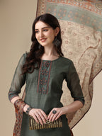 Printed & Hand Embroidered Kurta With Pant And Printed Dupatta Set, Multicolor - Hiral Fashion - Distacart
