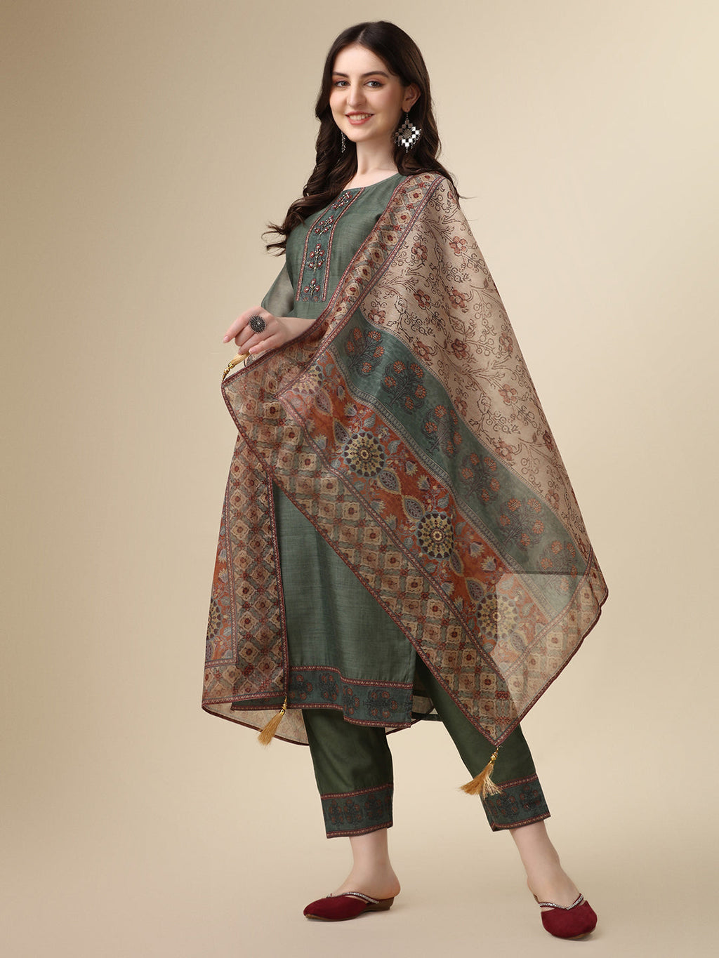 Printed & Hand Embroidered Kurta With Pant And Printed Dupatta Set, Multicolor - Hiral Fashion - Distacart