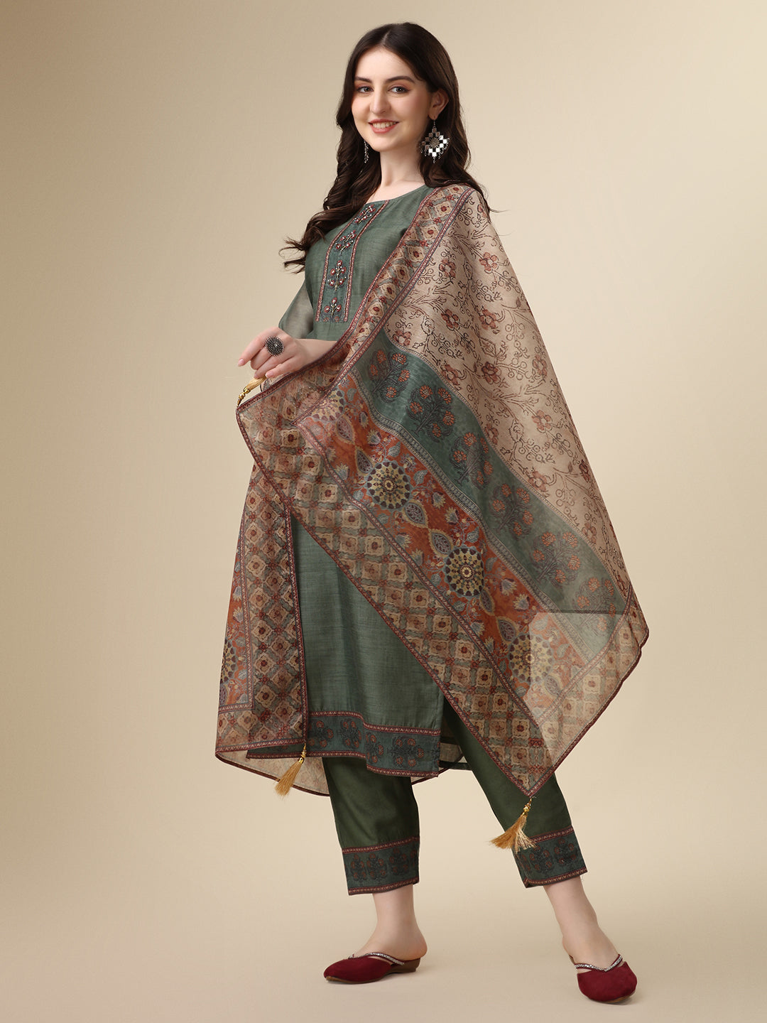 Printed & Hand Embroidered Kurta With Pant And Printed Dupatta Set, Multicolor - Hiral Fashion - Distacart