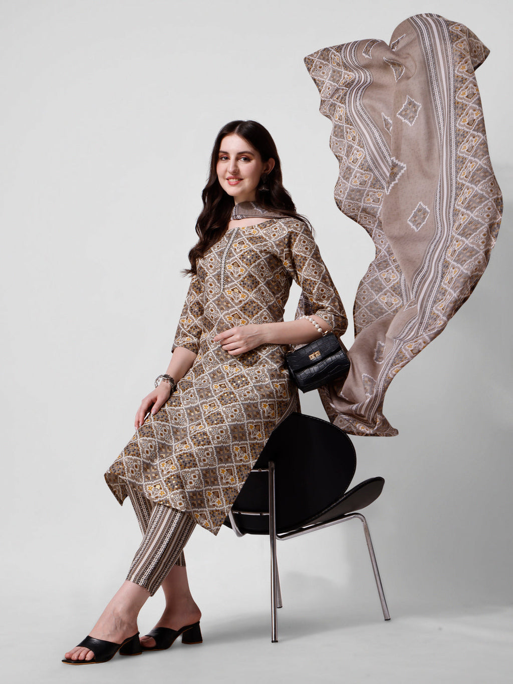 Printed Brown Kurta Pant & Dupatta Set, Multicolor - Hiral Fashion - Distacart