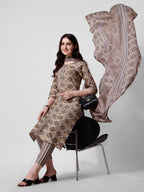 Printed Brown Kurta Pant & Dupatta Set, Multicolor - Hiral Fashion - Distacart