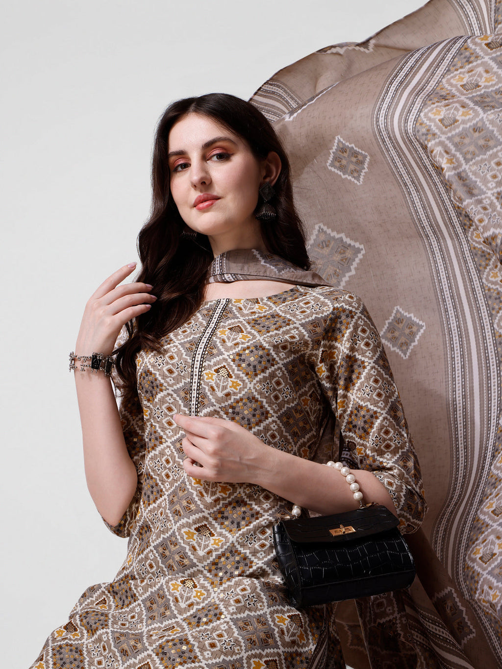Printed Brown Kurta Pant & Dupatta Set, Multicolor - Hiral Fashion - Distacart