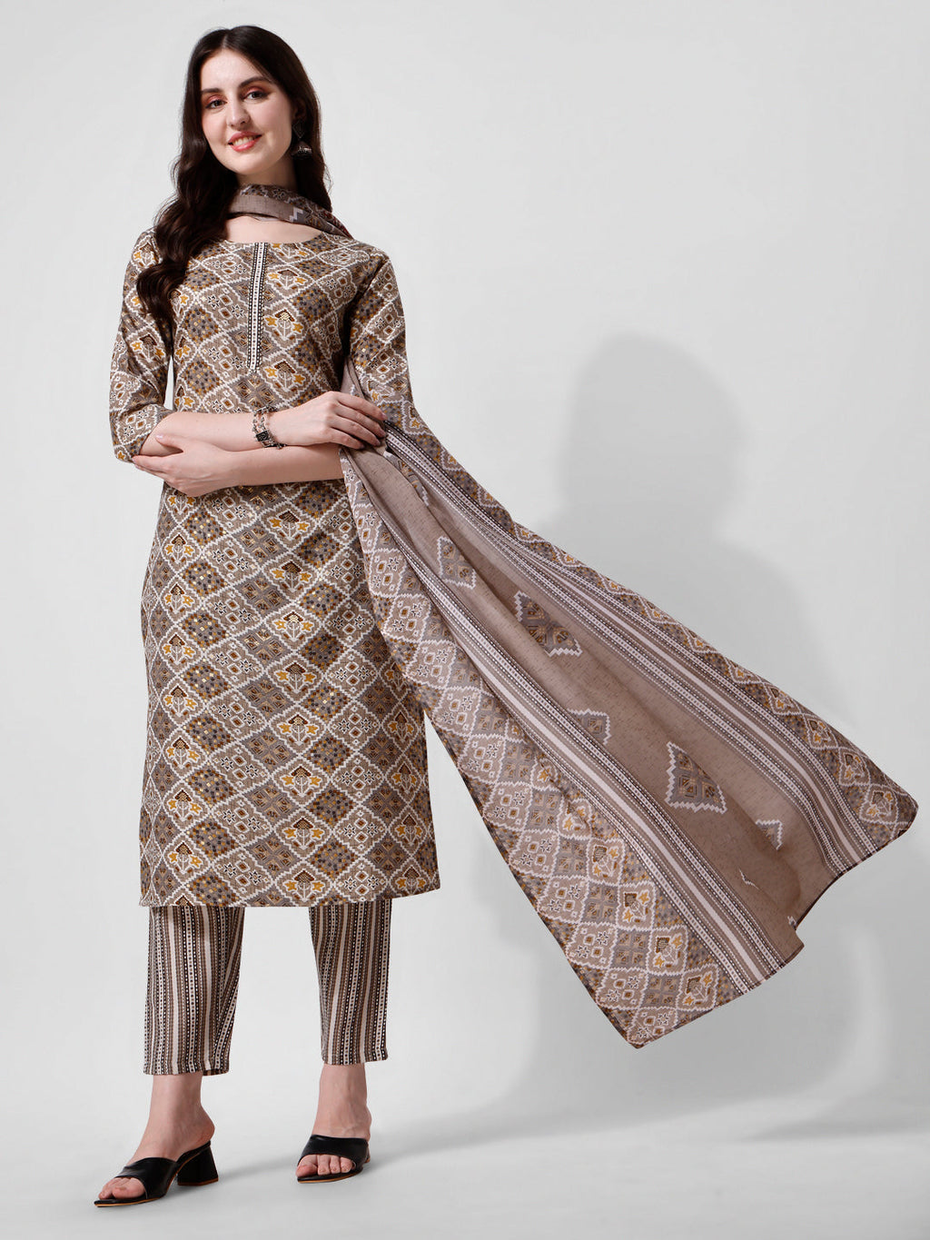 Printed Brown Kurta Pant & Dupatta Set, Multicolor - Hiral Fashion - Distacart