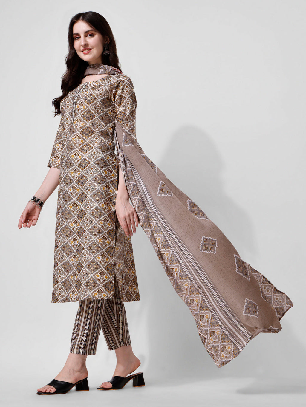 Printed Brown Kurta Pant & Dupatta Set, Multicolor - Hiral Fashion - Distacart