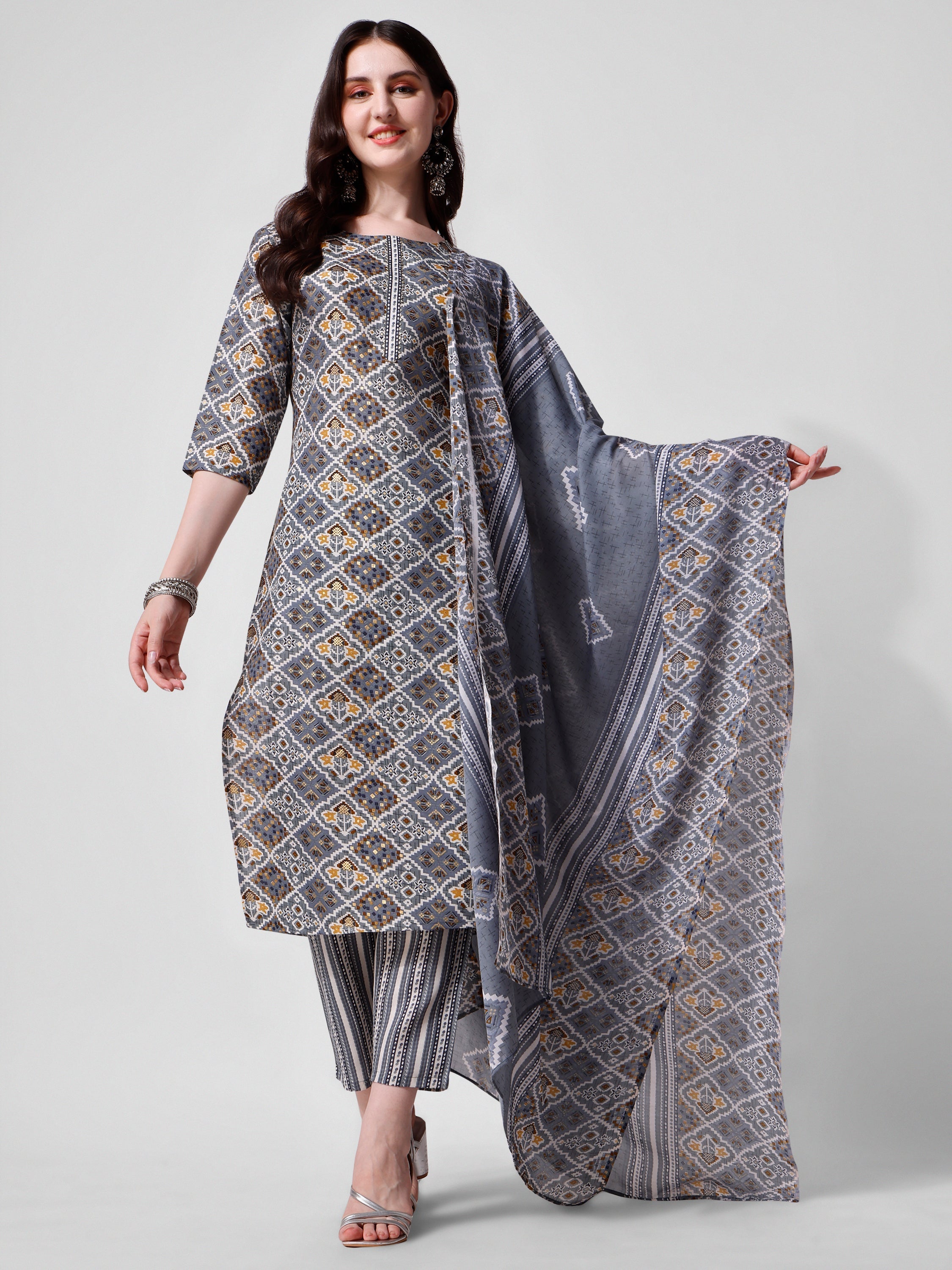 Printed Blue Kurta Pant & Dupatta Set, Multicolor - Hiral Fashion - Distacart