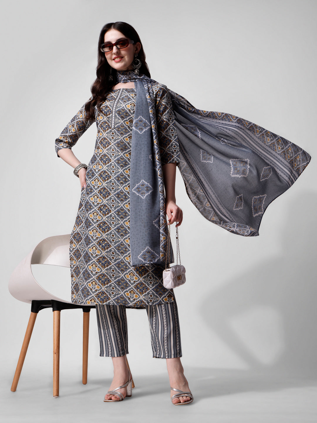 Printed Blue Kurta Pant & Dupatta Set, Multicolor - Hiral Fashion - Distacart