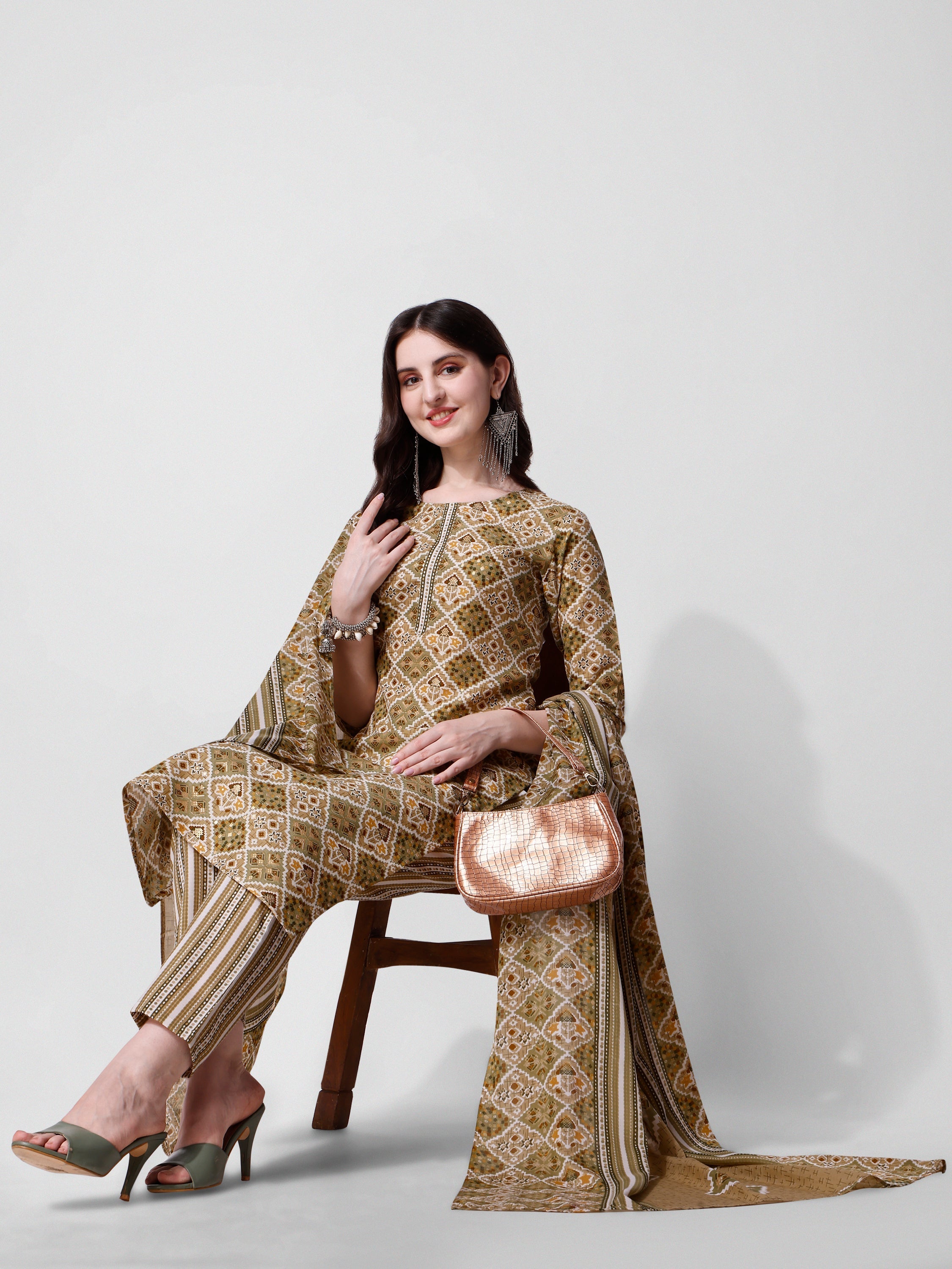 Printed Green Kurta Pant & Dupatta Set, Multicolor - Hiral Fashion - Distacart
