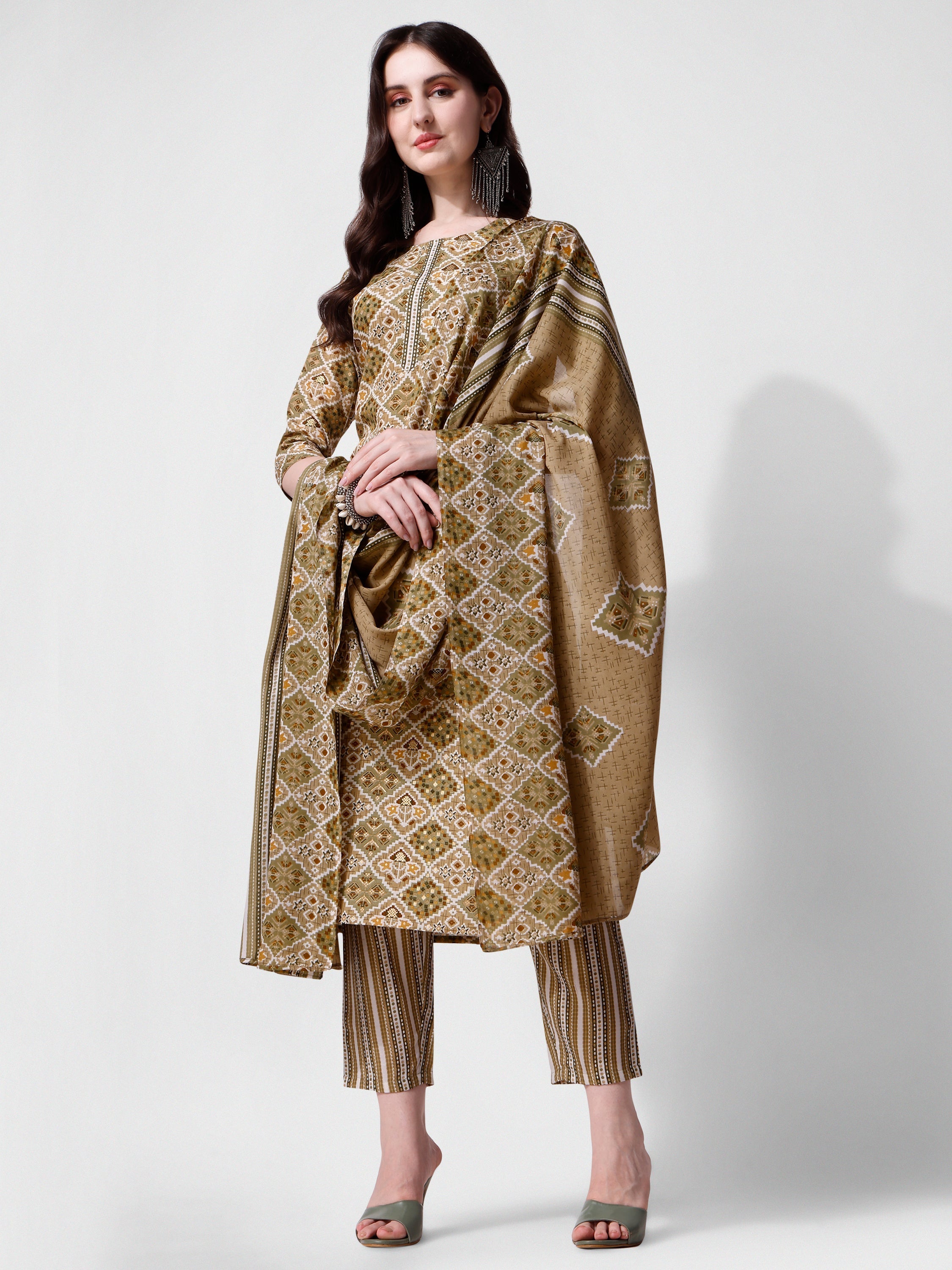 Printed Green Kurta Pant & Dupatta Set, Multicolor - Hiral Fashion - Distacart