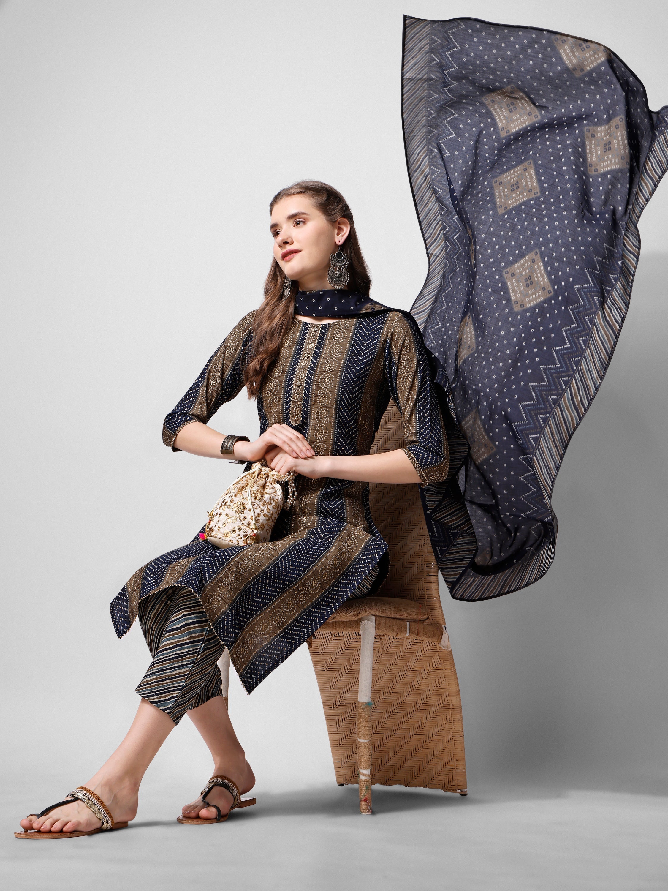 Printed Kurta With Pant And Dupatta Set, Multicolor - Hiral Fashion - Distacart