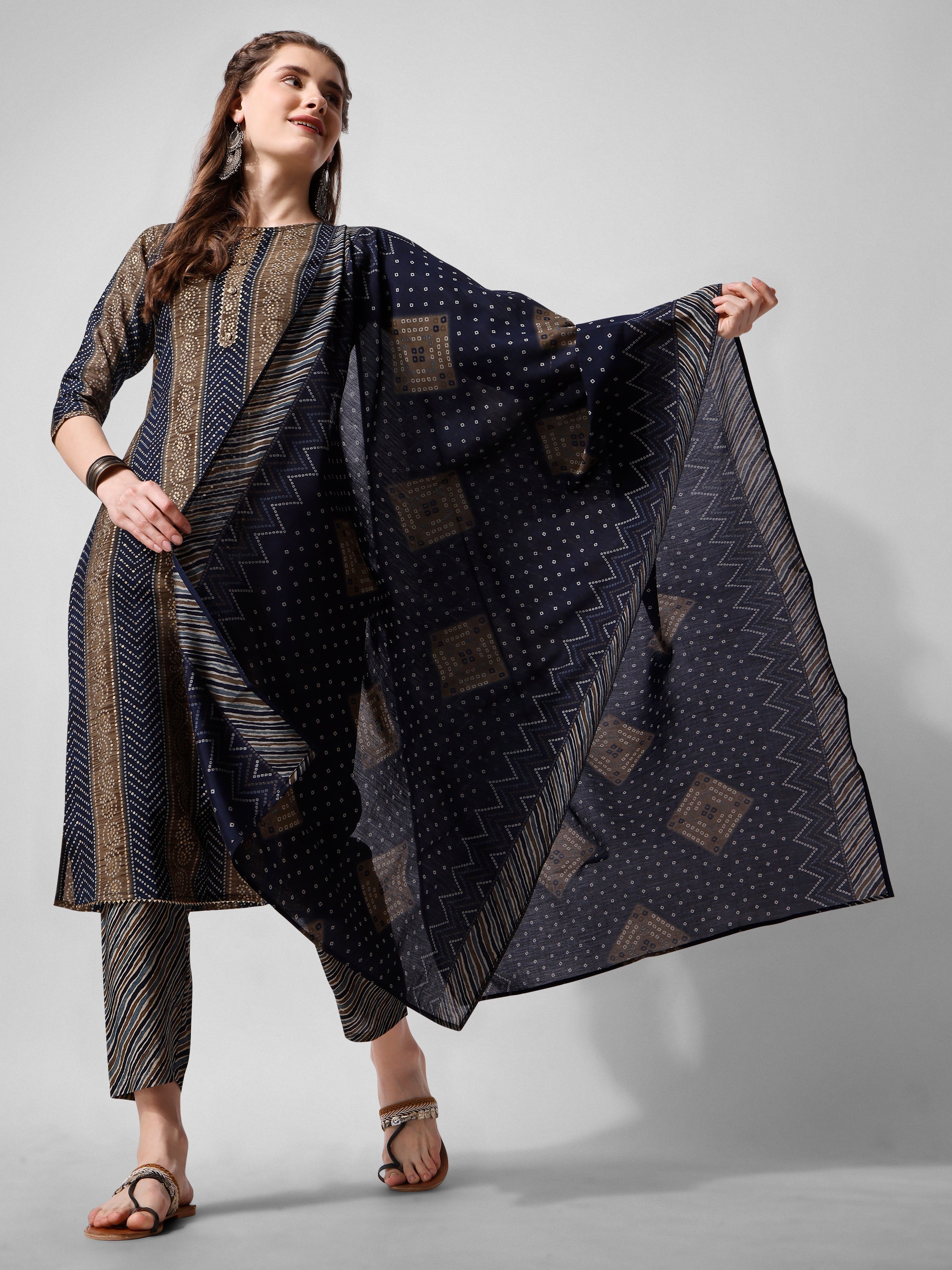 Printed Kurta With Pant And Dupatta Set, Multicolor - Hiral Fashion - Distacart