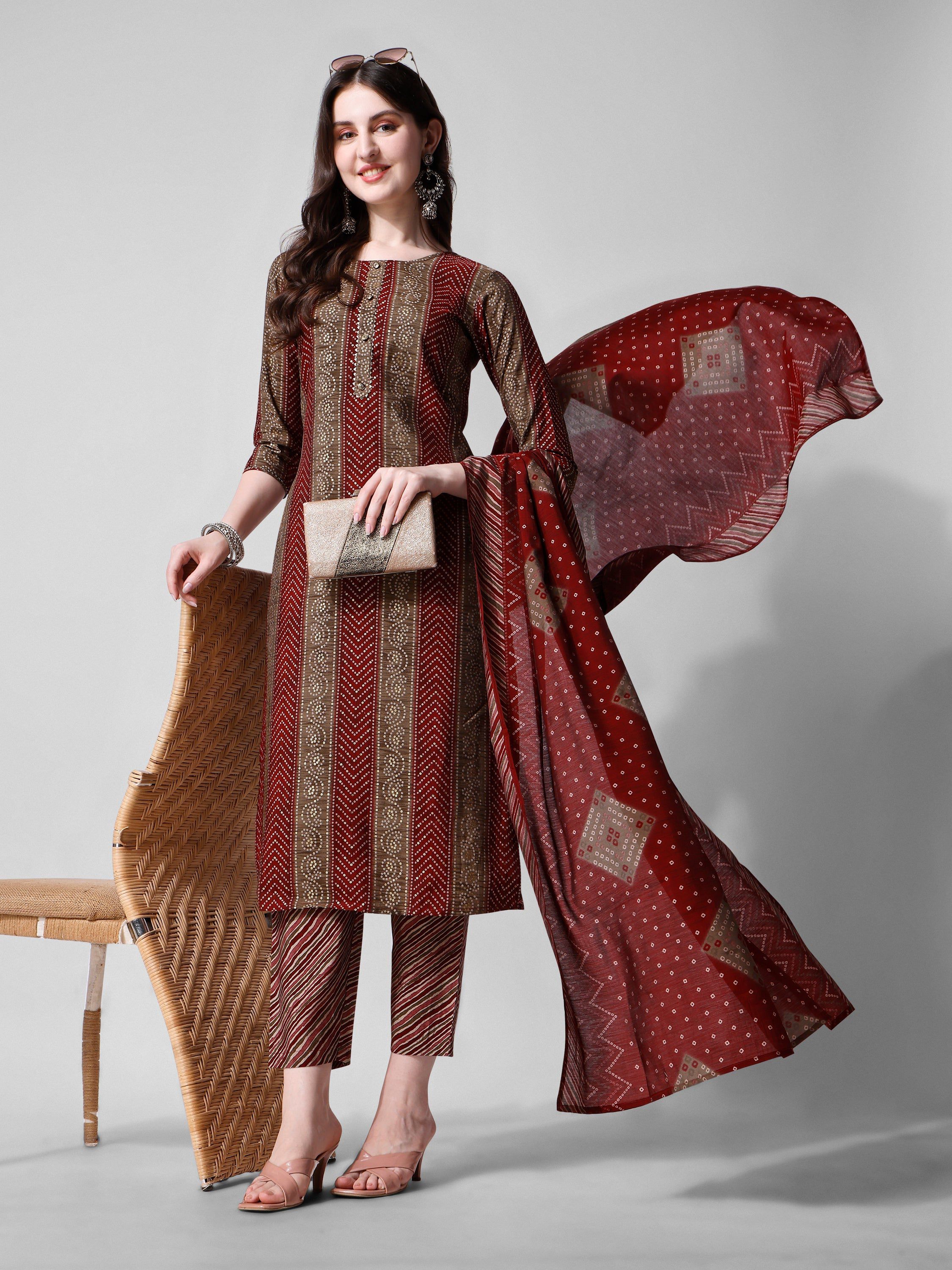 Printed Kurta With Pant And Dupatta Set, Multicolor - Hiral Fashion - Distacart