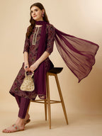 Printed Button And Embellished Kurta With Pant And Dupatta Set, Multicolor - Hiral Fashion - Distacart
