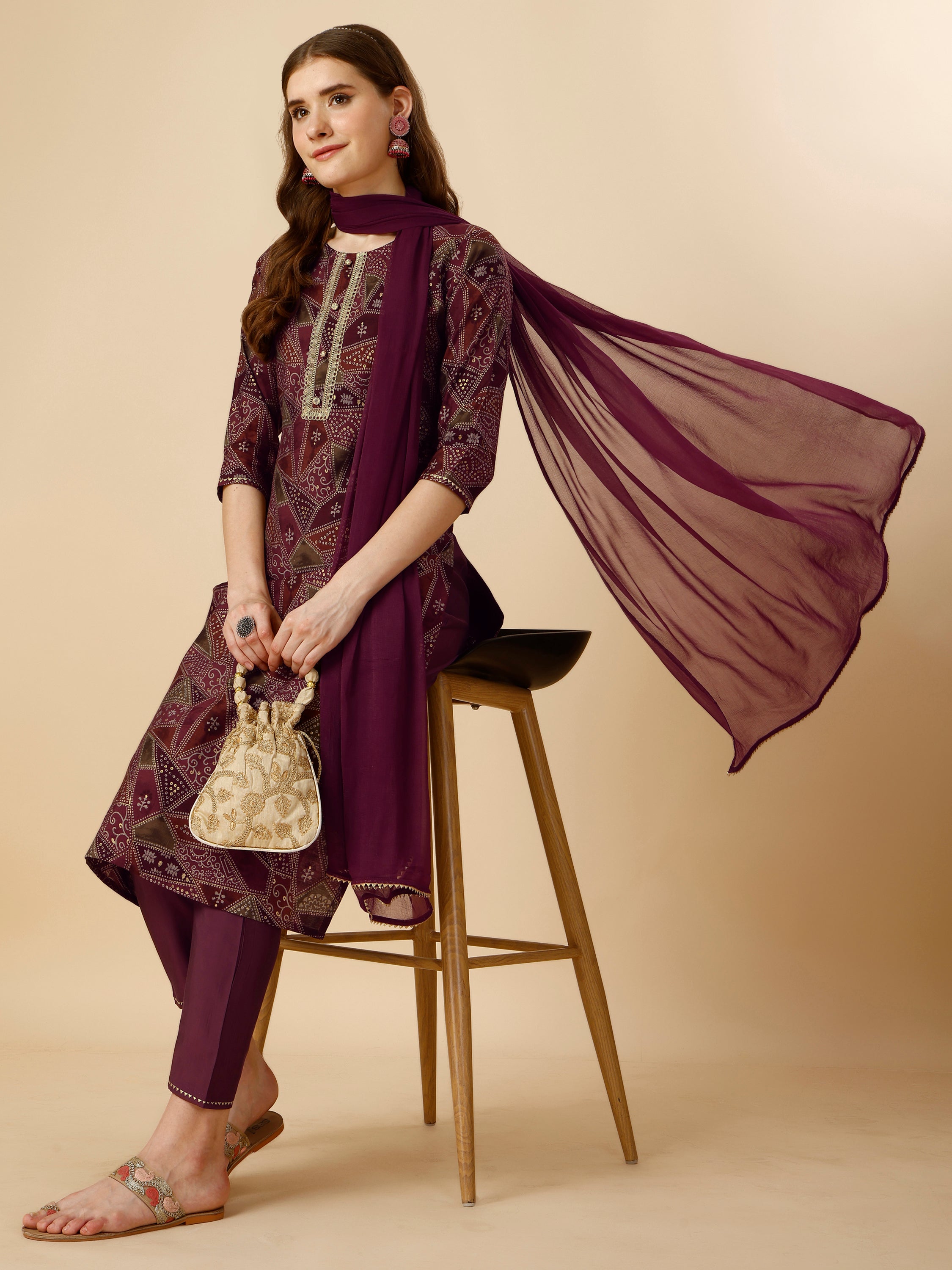 Printed Button And Embellished Kurta With Pant And Dupatta Set, Multicolor - Hiral Fashion - Distacart