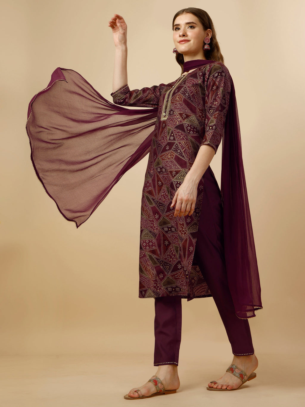 Printed Button And Embellished Kurta With Pant And Dupatta Set, Multicolor - Hiral Fashion - Distacart