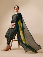 Ethnic Motif & Embroidered Kurta With Pant & Dupatta Set, Multicolor - Hiral Fashion - Distacart