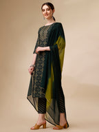 Ethnic Motif & Embroidered Kurta With Pant & Dupatta Set, Multicolor - Hiral Fashion - Distacart
