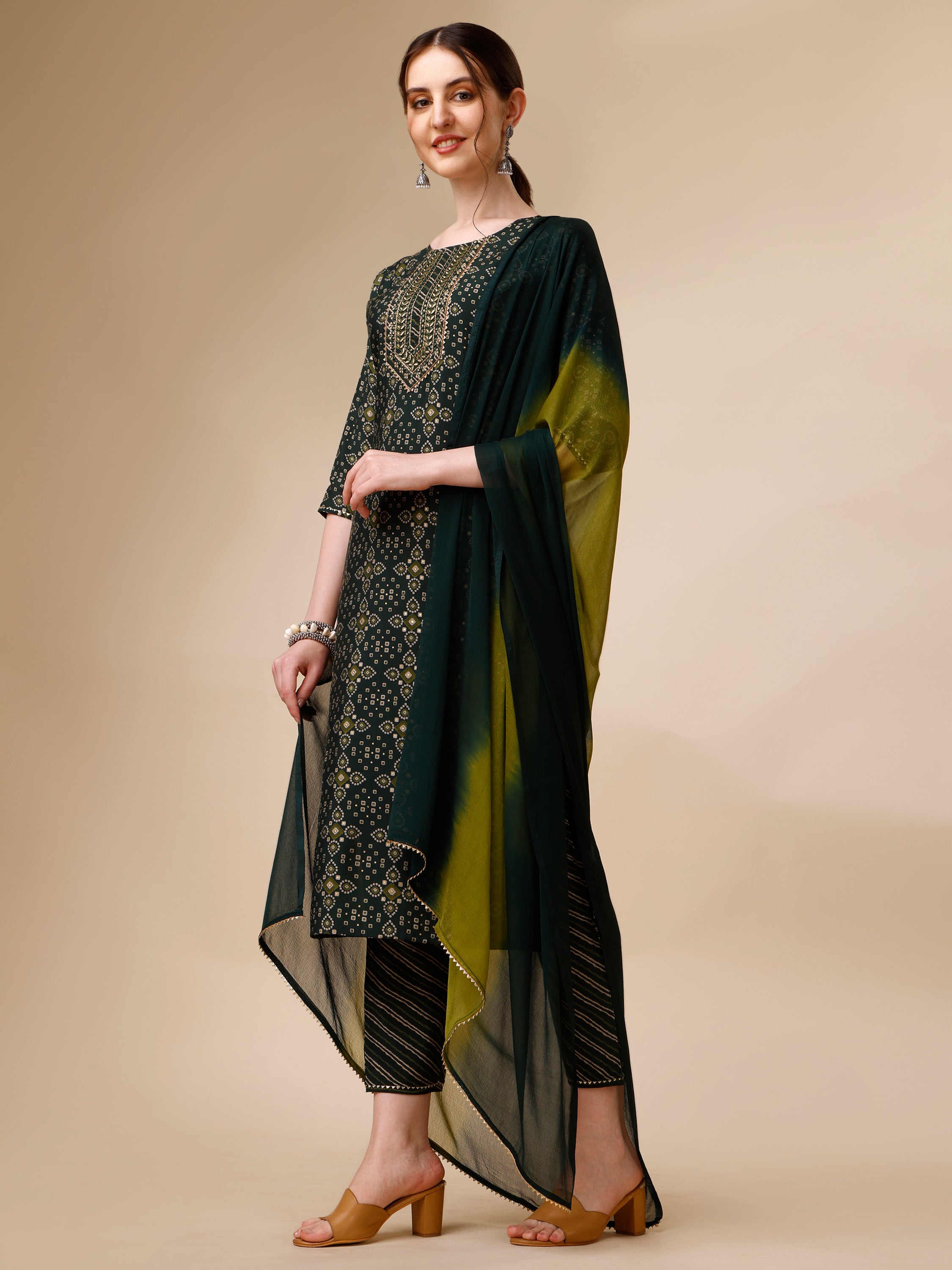 Ethnic Motif & Embroidered Kurta With Pant & Dupatta Set, Multicolor - Hiral Fashion - Distacart