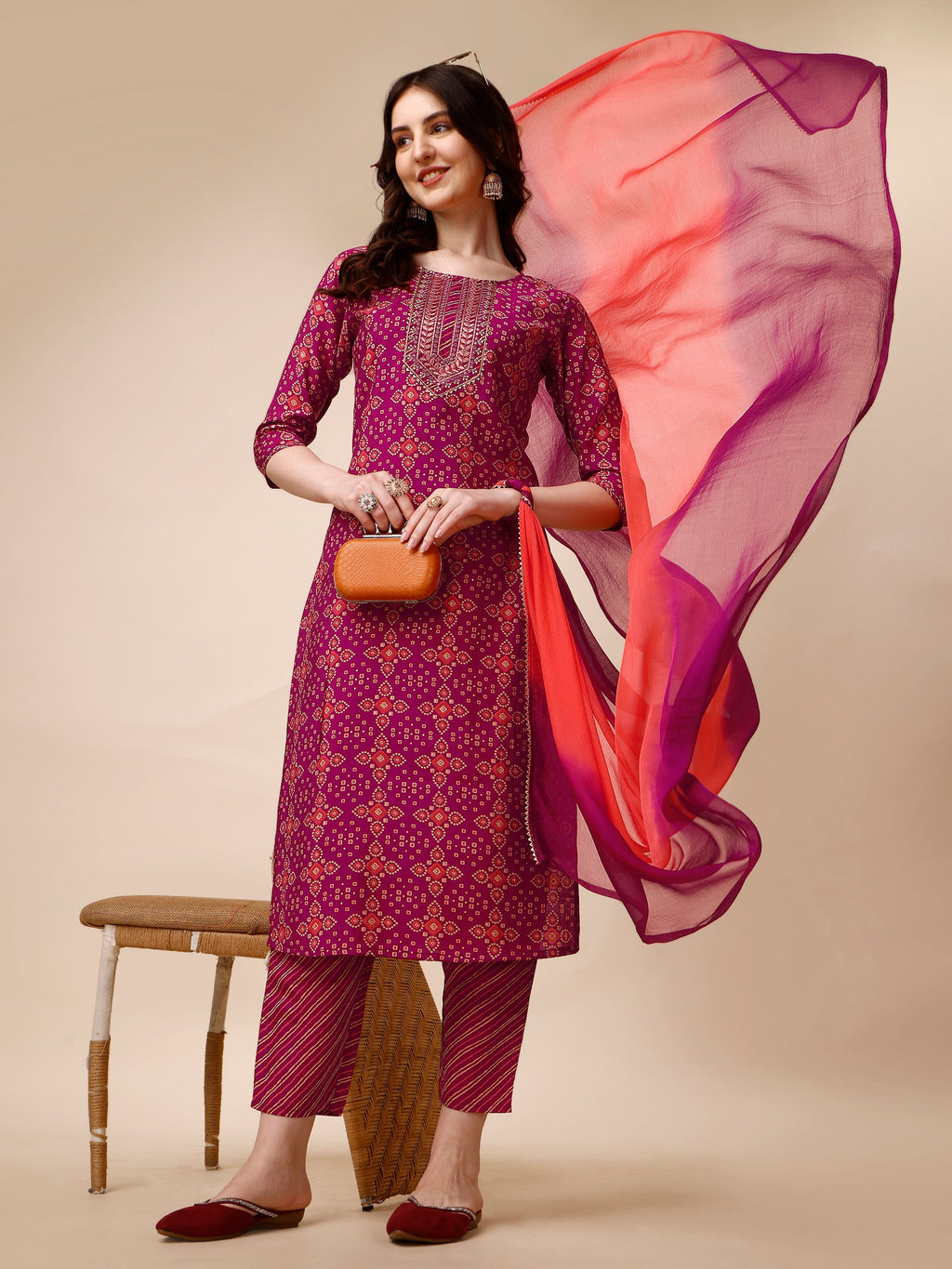 Ethnic Motif & Embroidered Kurta With Pant & Dupatta Set, Multicolor - Hiral Fashion