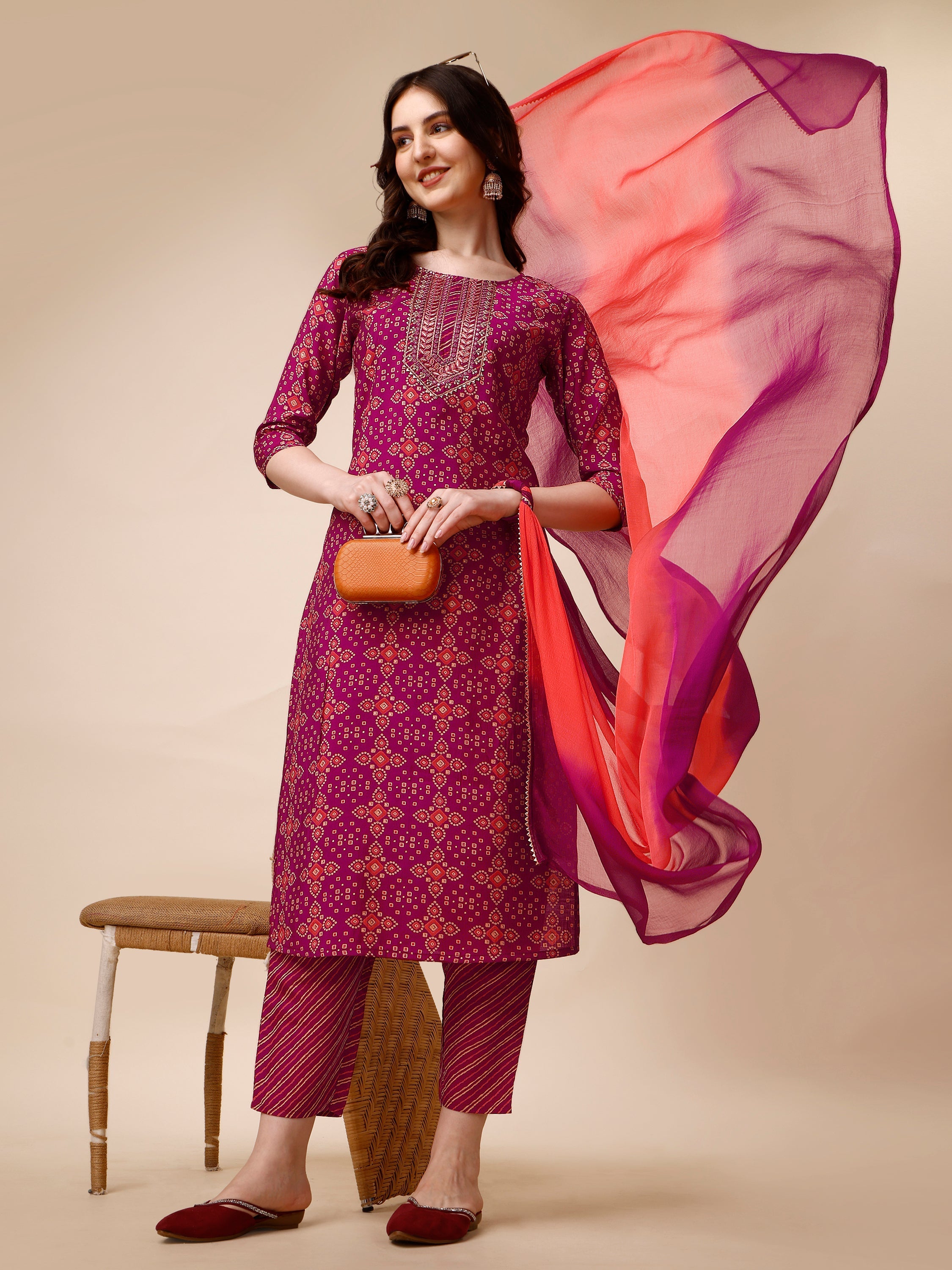 Ethnic Motif & Embroidered Kurta With Pant & Dupatta Set, Multicolor - Hiral Fashion