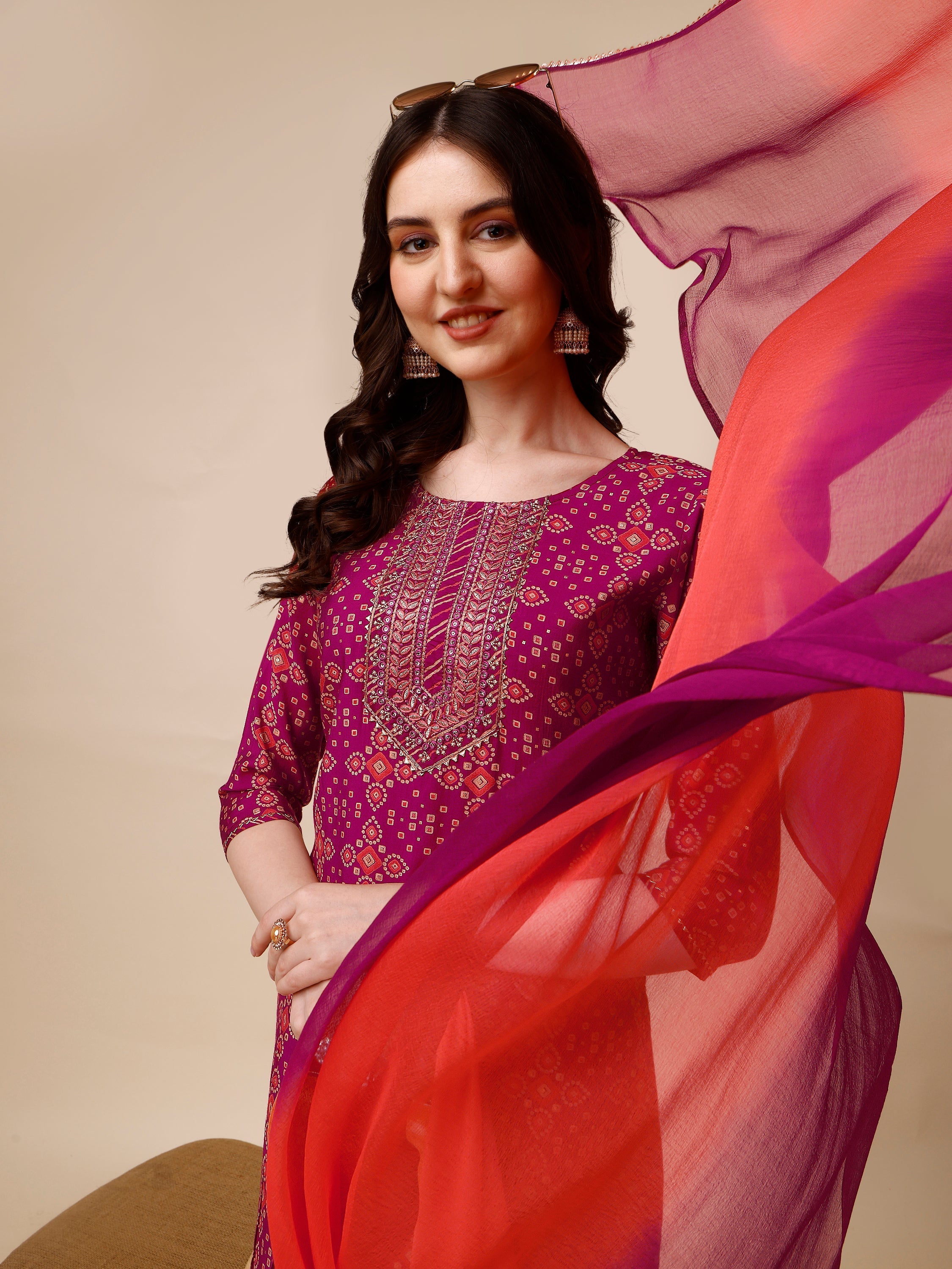 Ethnic Motif & Embroidered Kurta With Pant & Dupatta Set, Multicolor - Hiral Fashion