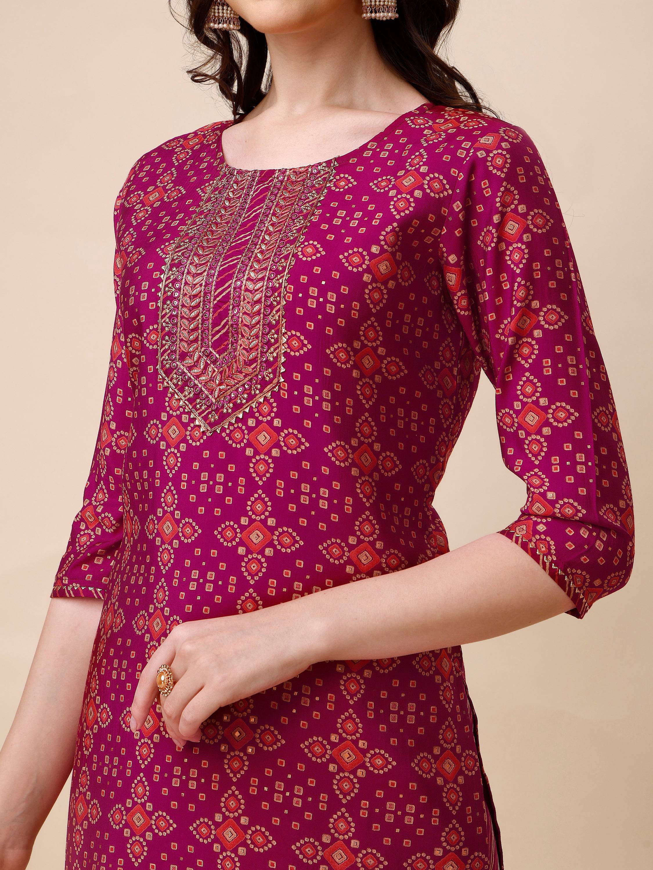 Ethnic Motif & Embroidered Kurta With Pant & Dupatta Set, Multicolor - Hiral Fashion