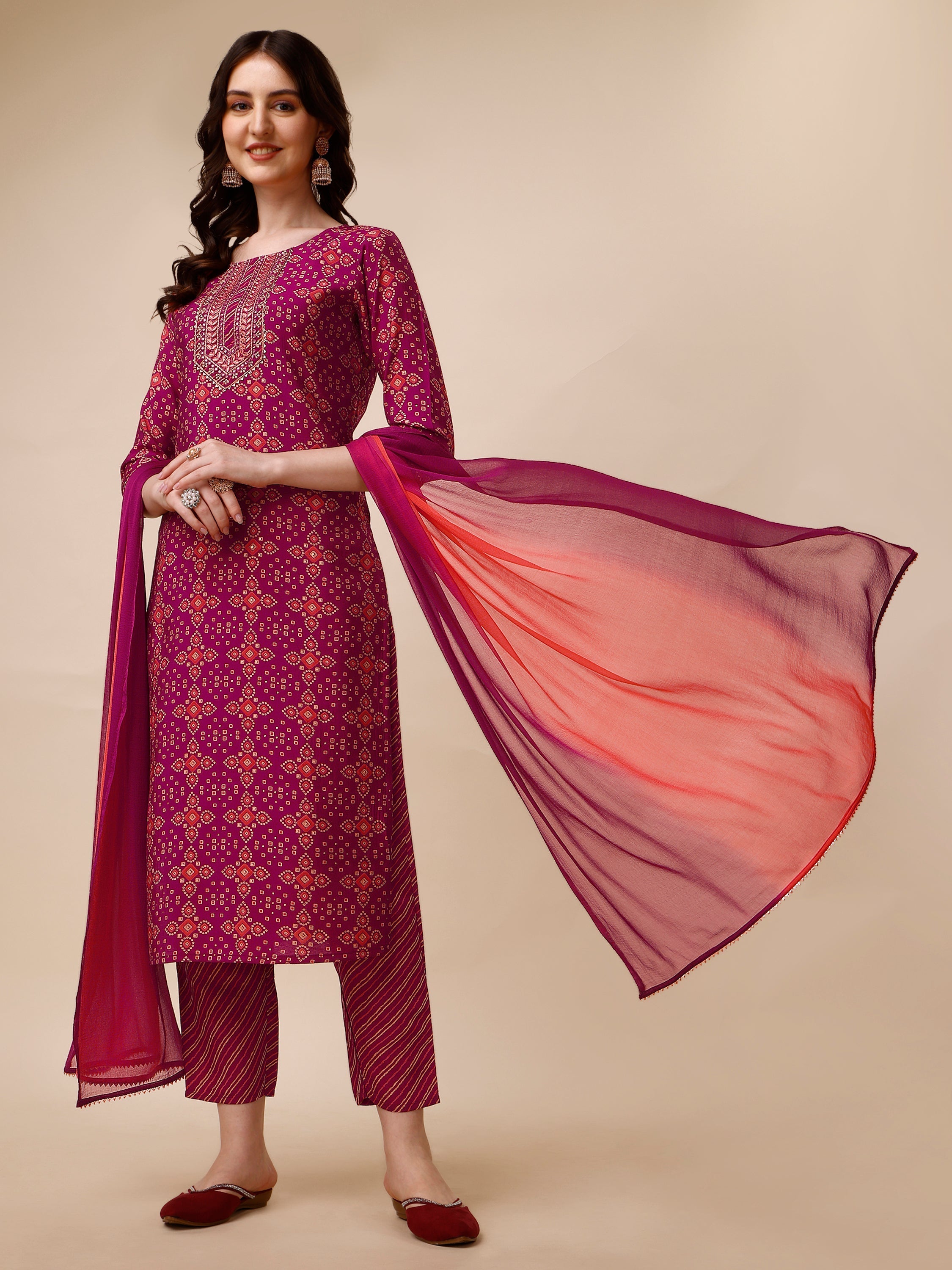 Ethnic Motif & Embroidered Kurta With Pant & Dupatta Set, Multicolor - Hiral Fashion