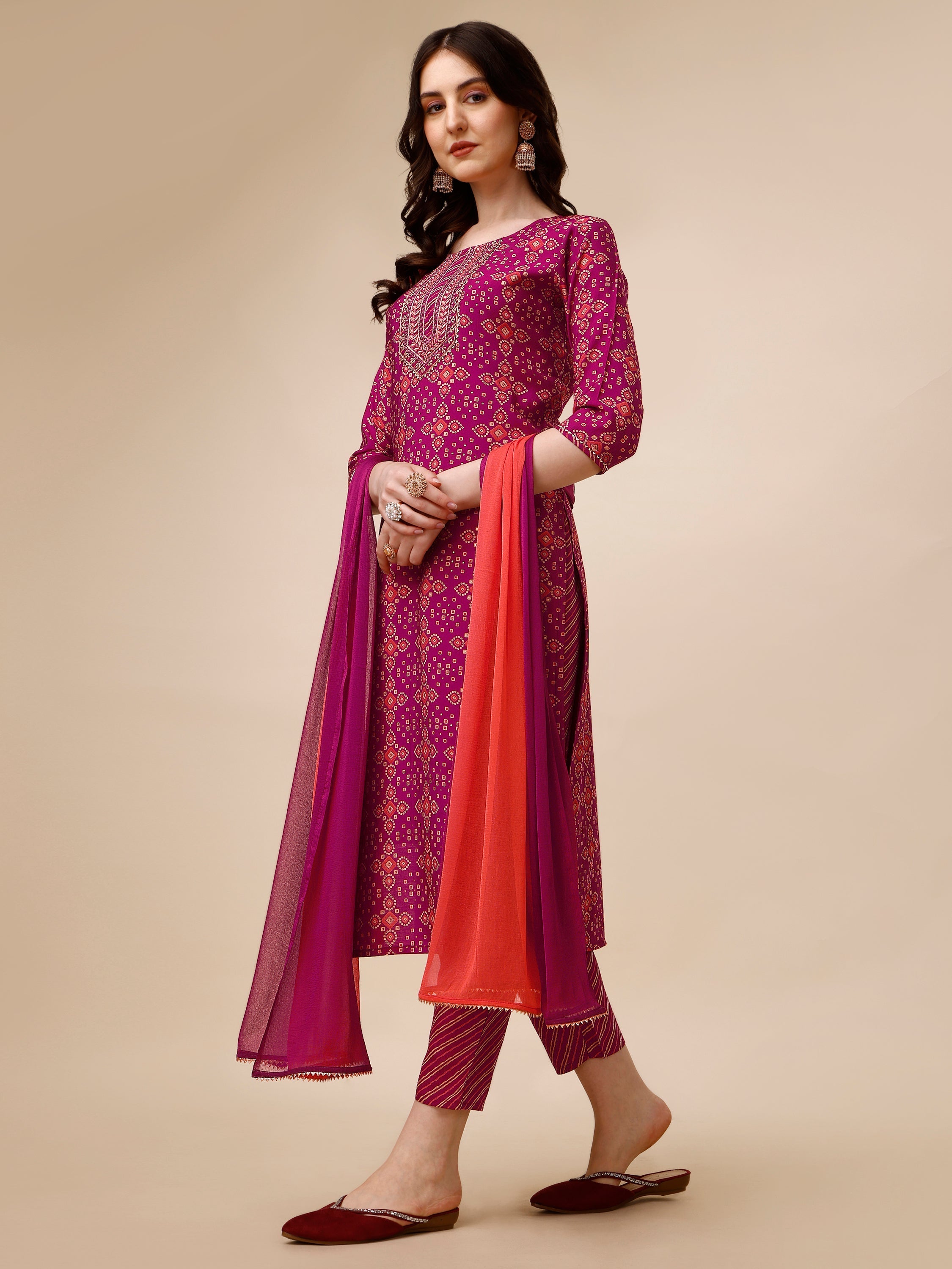 Ethnic Motif & Embroidered Kurta With Pant & Dupatta Set, Multicolor - Hiral Fashion