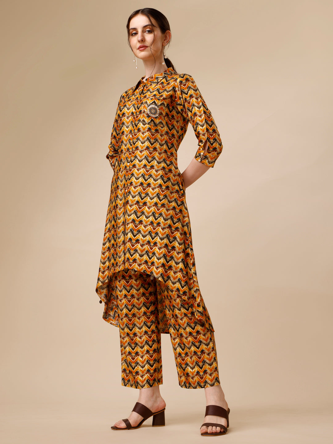 Placement Embroidered Chevron Printed Asymmetric Co-Ords, Multicolor - Hiral Fashion - Distacart