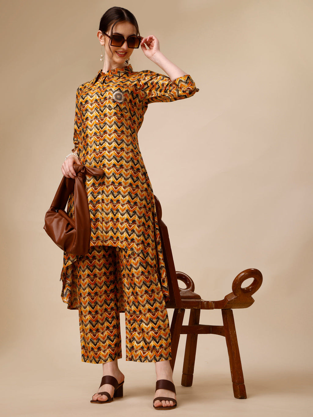 Placement Embroidered Chevron Printed Asymmetric Co-Ords, Multicolor - Hiral Fashion - Distacart
