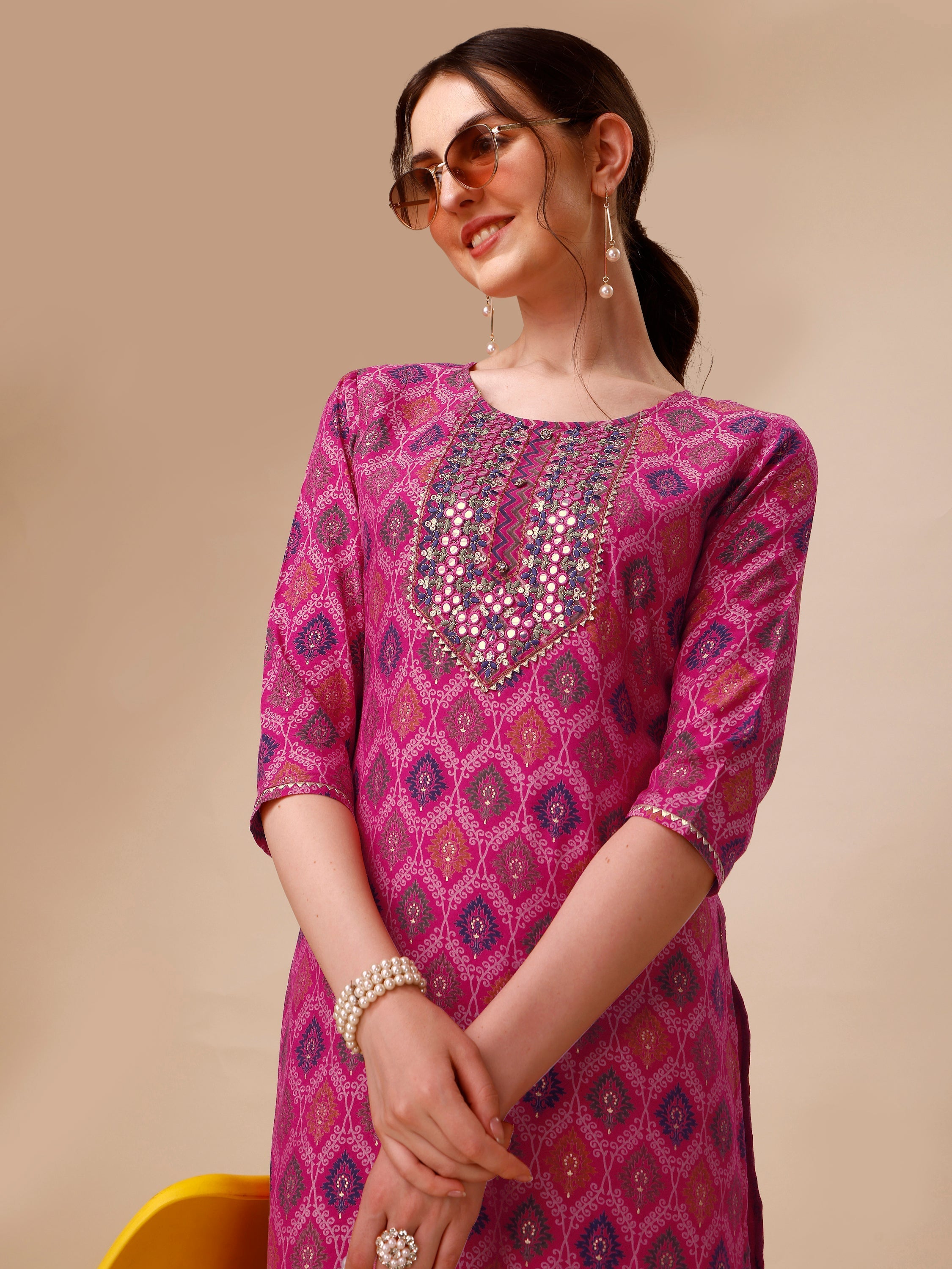 Mirror Embroidered & Printed Kurta With Pant & Dupatta Set, Multicolor - Hiral Fashion - Distacart