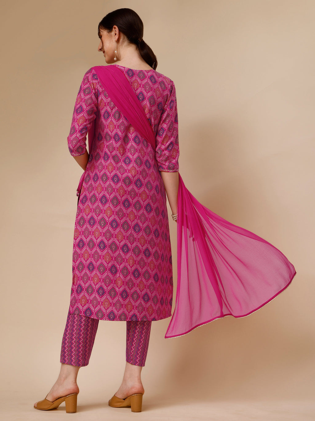 Mirror Embroidered & Printed Kurta With Pant & Dupatta Set, Multicolor - Hiral Fashion - Distacart
