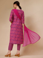 Mirror Embroidered & Printed Kurta With Pant & Dupatta Set, Multicolor - Hiral Fashion - Distacart