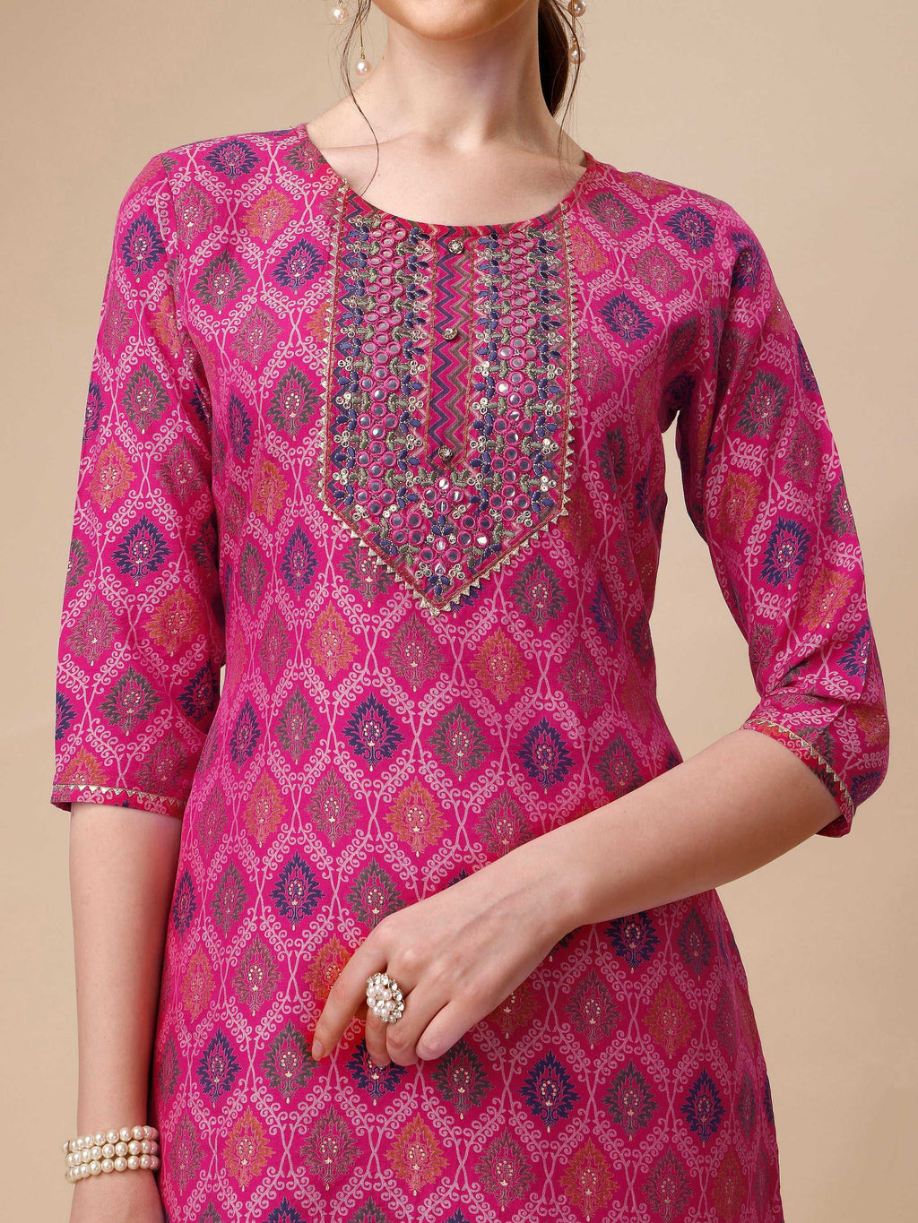 Mirror Embroidered & Printed Kurta With Pant & Dupatta Set, Multicolor - Hiral Fashion - Distacart