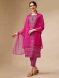 Mirror Embroidered & Printed Kurta With Pant & Dupatta Set, Multicolor - Hiral Fashion - Distacart