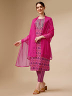 Mirror Embroidered & Printed Kurta With Pant & Dupatta Set, Multicolor - Hiral Fashion - Distacart