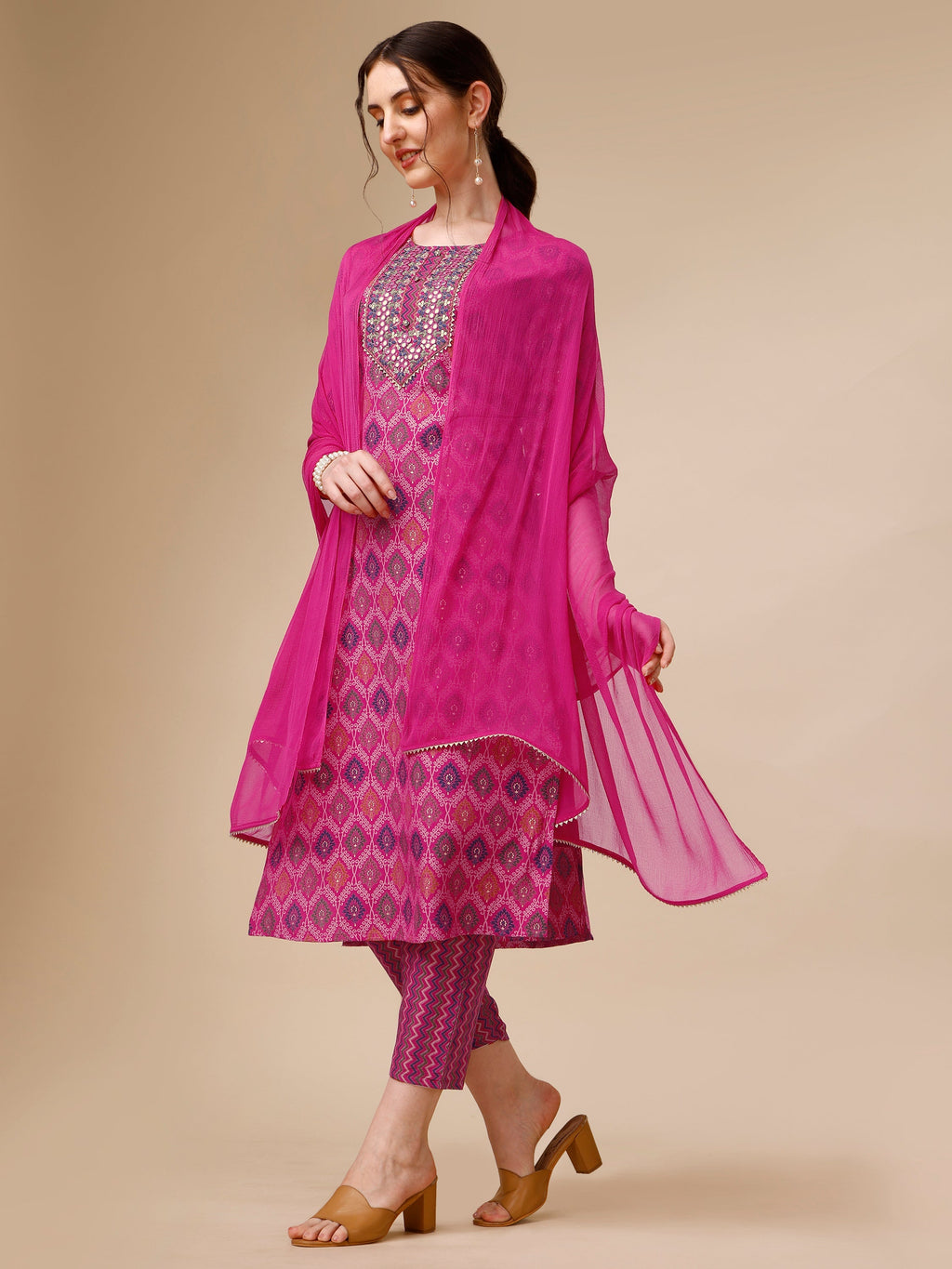 Mirror Embroidered & Printed Kurta With Pant & Dupatta Set, Multicolor - Hiral Fashion - Distacart
