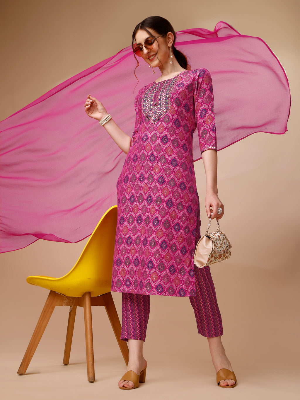 Mirror Embroidered & Printed Kurta With Pant & Dupatta Set, Multicolor - Hiral Fashion - Distacart