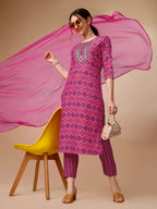 Mirror Embroidered & Printed Kurta With Pant & Dupatta Set, Multicolor - Hiral Fashion - Distacart