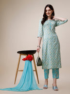Printed Kurta With Pant And Dupatta Set, Multicolor - Hiral Fashion - Distacart