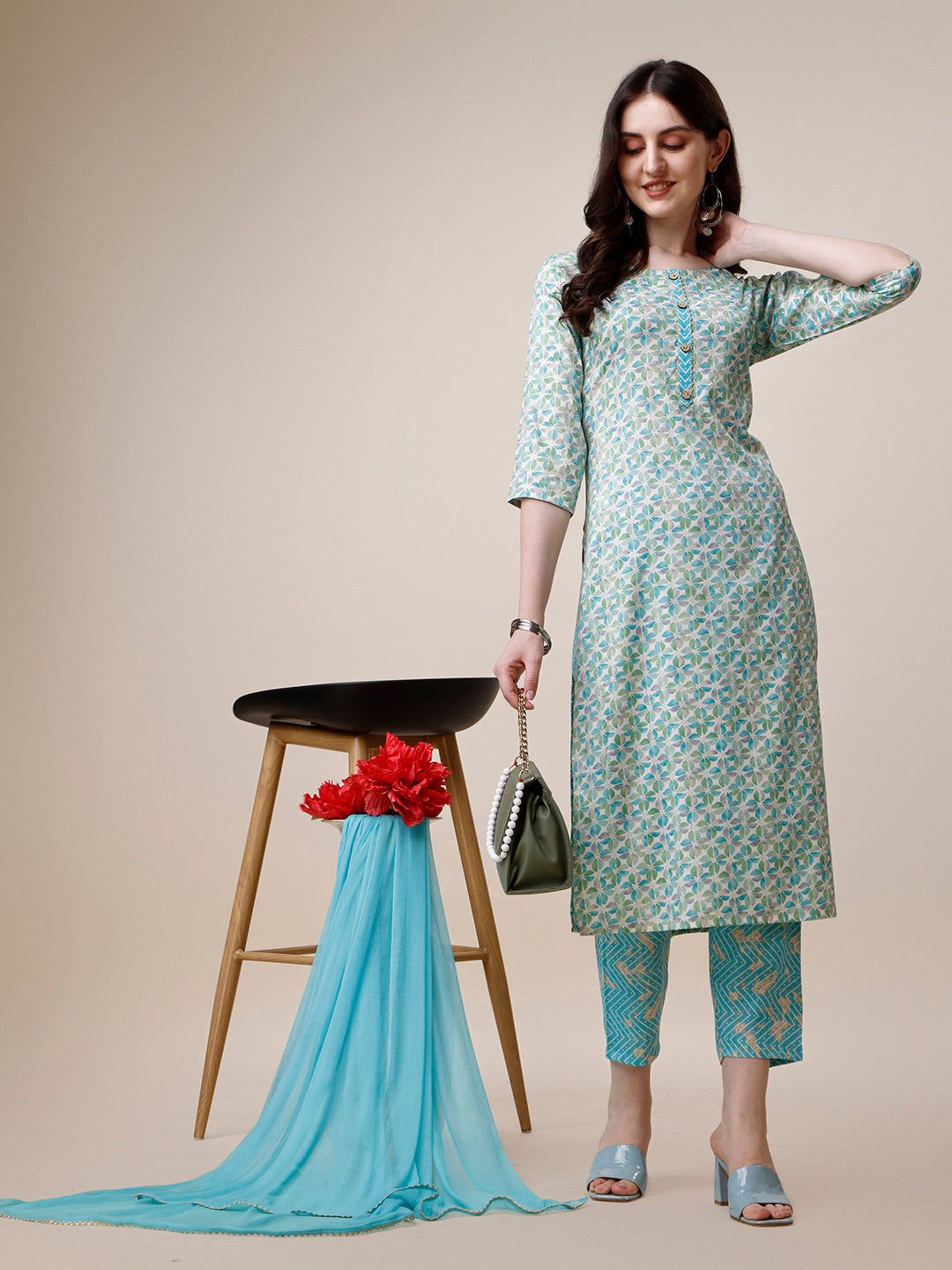 Printed Kurta With Pant And Dupatta Set, Multicolor - Hiral Fashion - Distacart