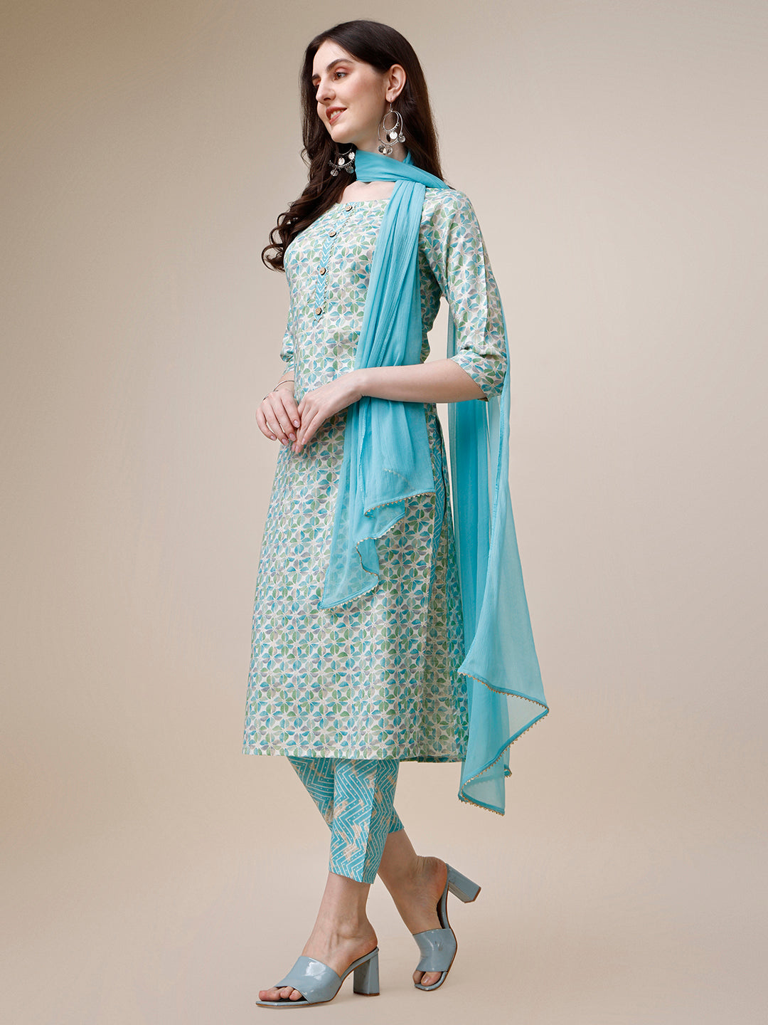 Printed Kurta With Pant And Dupatta Set, Multicolor - Hiral Fashion - Distacart