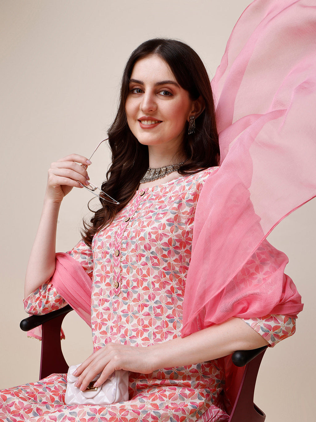 Printed Kurta With Pant And Dupatta Set, Multicolor - Hiral Fashion - Distacart