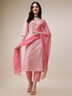 Printed Kurta With Pant And Dupatta Set, Multicolor - Hiral Fashion - Distacart