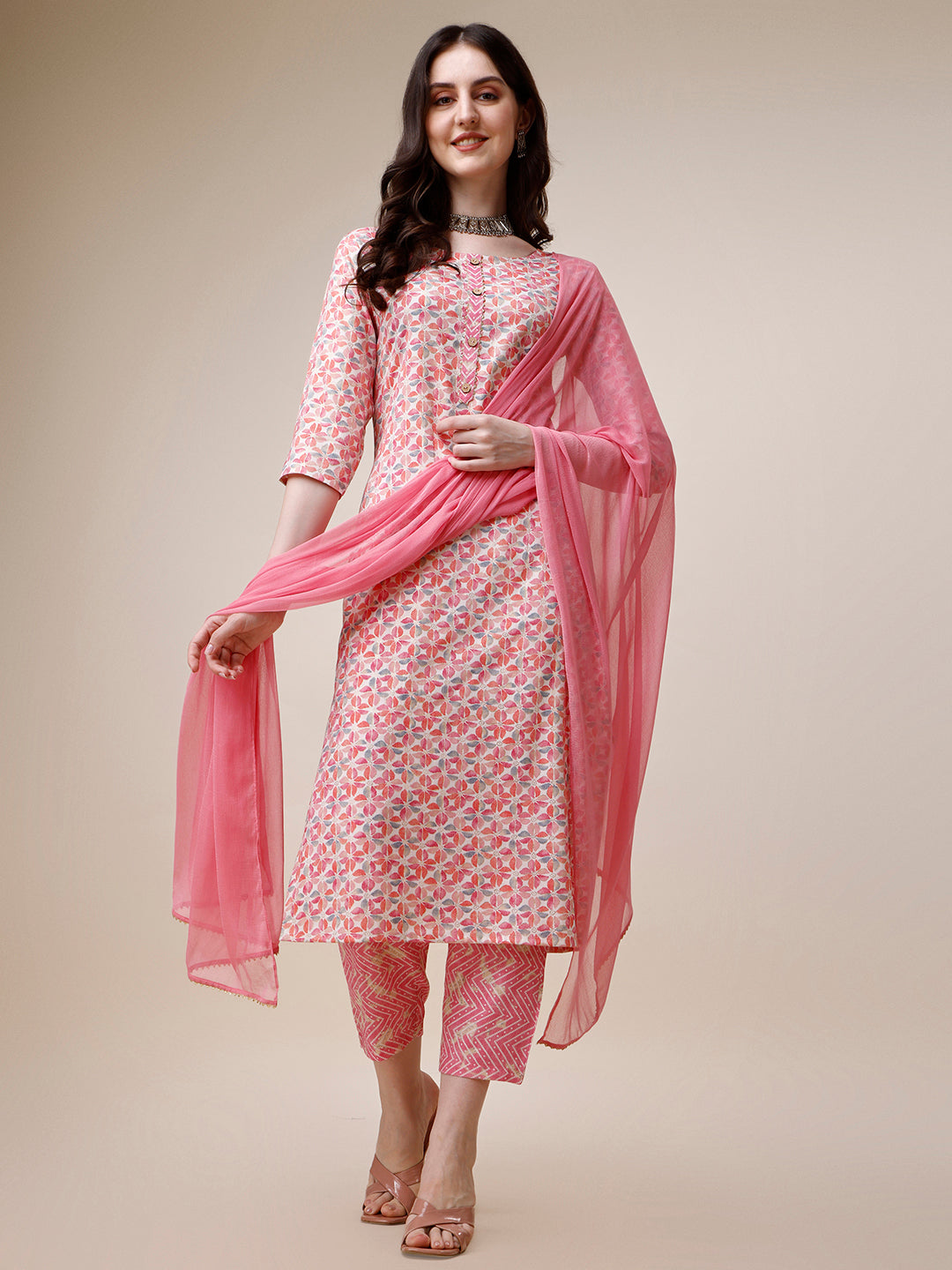 Printed Kurta With Pant And Dupatta Set, Multicolor - Hiral Fashion - Distacart