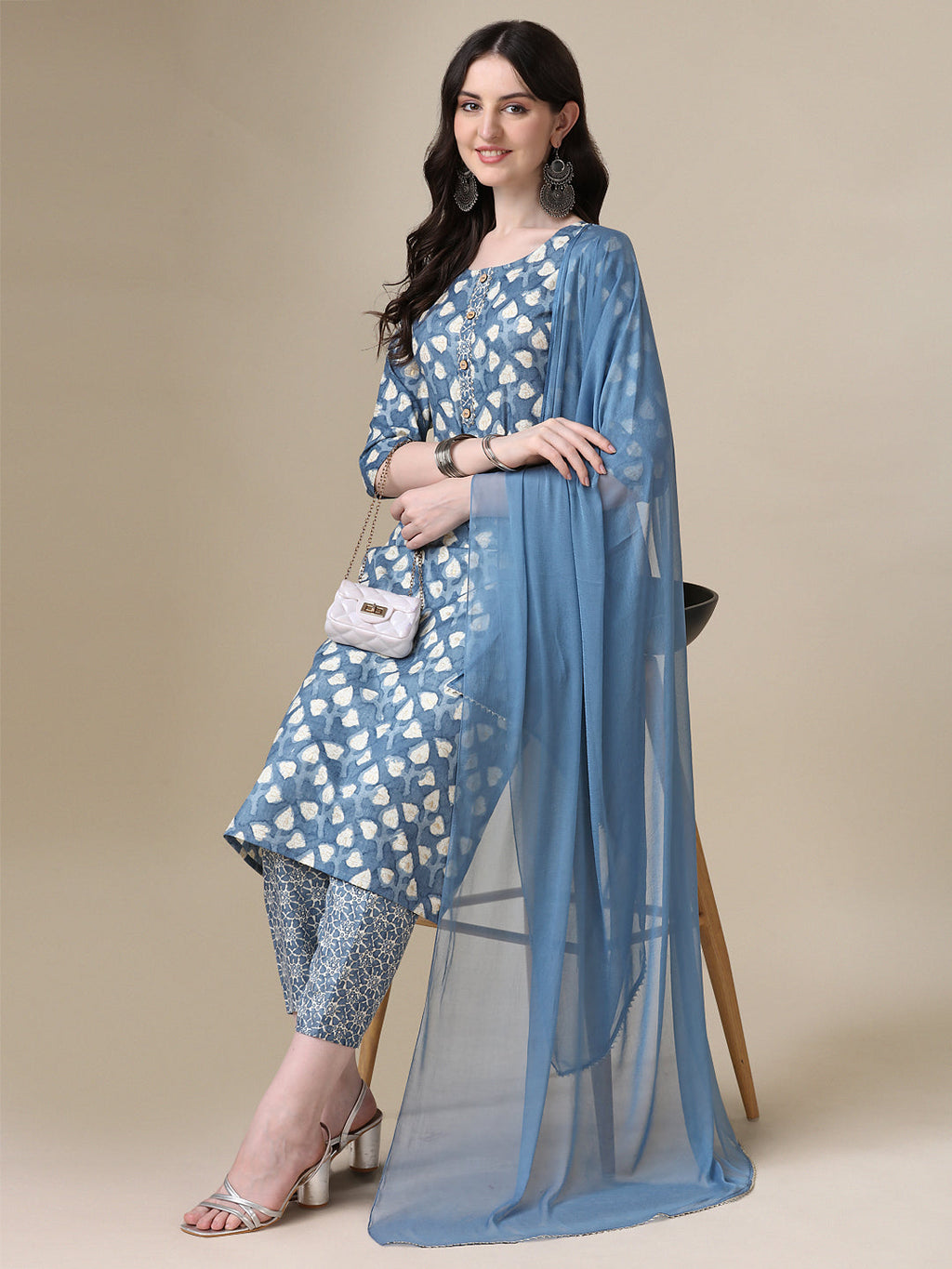 Printed Kurta With Pant & Dupatta Set, Multicolor - Hiral Fashion