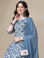 Printed Kurta With Pant & Dupatta Set, Multicolor - Hiral Fashion