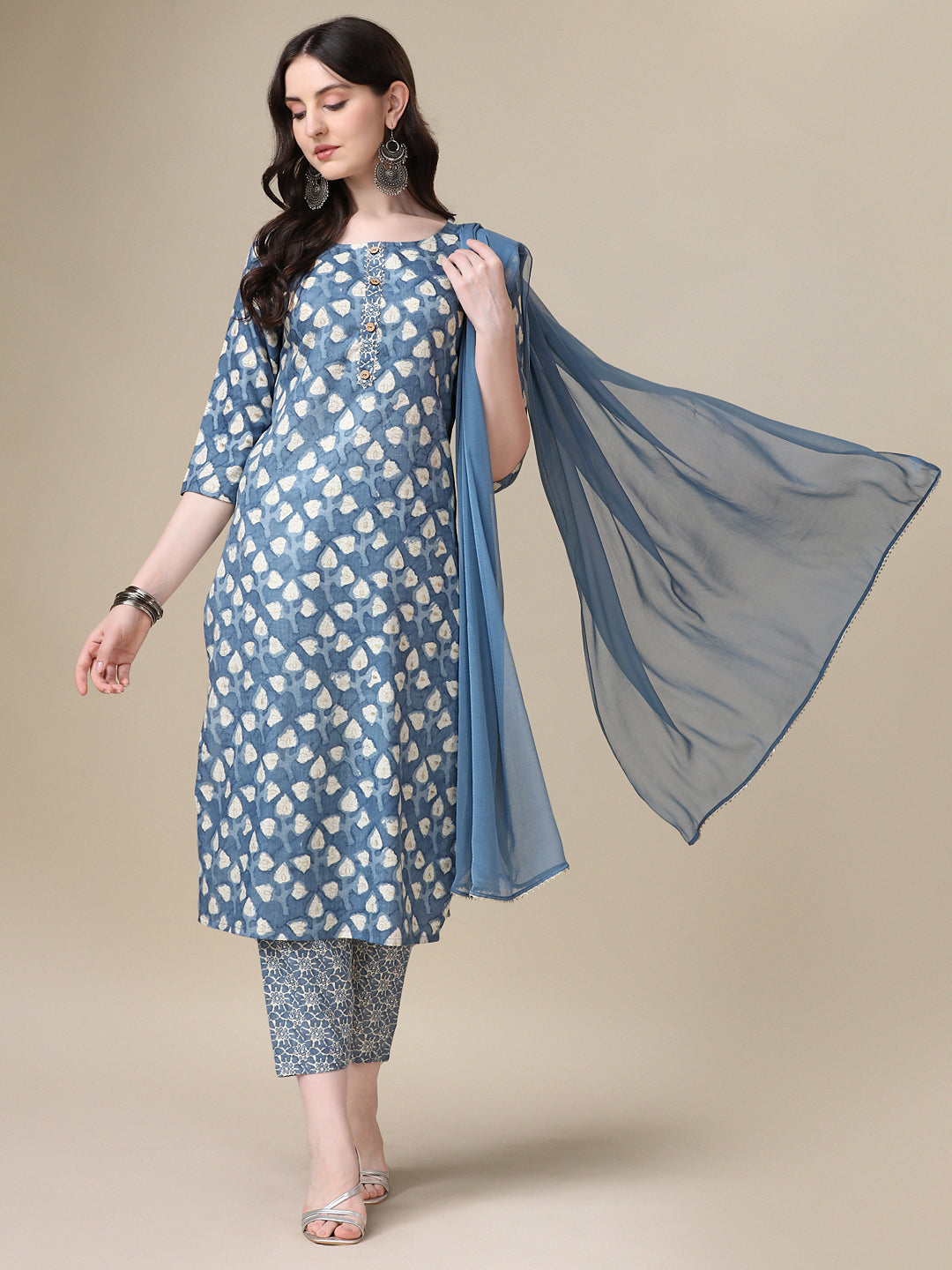 Printed Kurta With Pant & Dupatta Set, Multicolor - Hiral Fashion