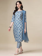 Printed Kurta With Pant & Dupatta Set, Multicolor - Hiral Fashion