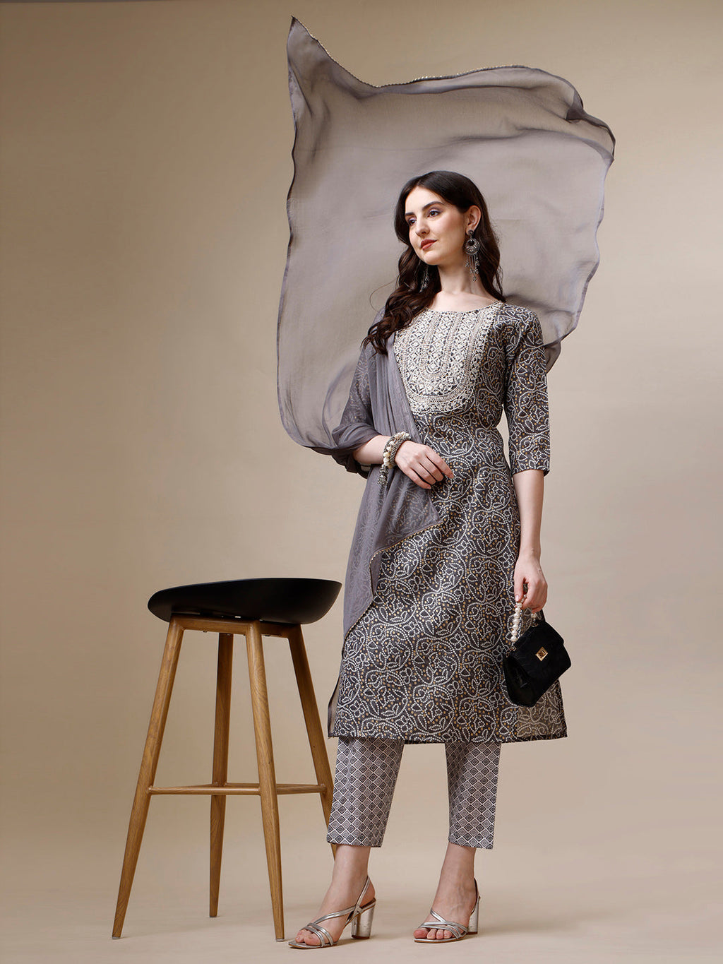 Thread Embroidered Bandhani Printed Kurta With Pant And Dupatta Set, Multicolor - Hiral Fashion - Distacart